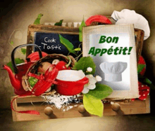 a sign that says bon appetit sits on a wooden box