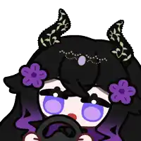 a cartoon character with horns and purple flowers on her hair