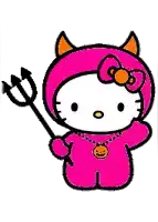 a hello kitty in a pink devil costume holding a trident