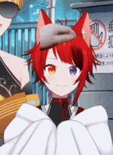 a close up of a red haired anime character with a purple eye .