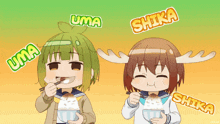 a couple of girls eating rice with the names uma and shika on them