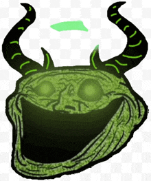 a troll face with horns and glowing eyes on a white background