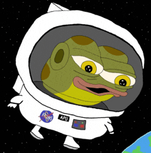 a cartoon frog wearing a nasa helmet with apu written on it