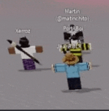 a group of roblox characters standing next to each other on a gray surface .