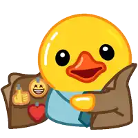 a yellow duck with a blue shirt and tie is holding a folder with stickers on it