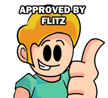 a cartoon character is giving a thumbs up and the words approved by flitz are above him