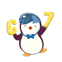 a penguin wearing a fish hat and bow tie holds up the number 6 and 7