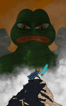 a cartoon drawing of a man holding a sword in front of a giant green frog