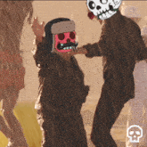a cartoon of a man with a skull on his head standing in the rain