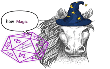 a drawing of a horse wearing a wizard hat next to a d20 with the words " how magic " on it