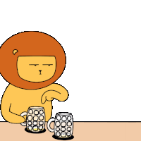 a cartoon lion sitting at a table with two mugs