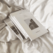 a stack of books on a bed including one called paris