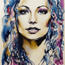 a painting of a woman 's face with purple and blue hair