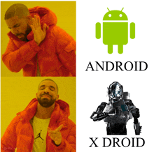 a man in an orange jacket is next to a picture of a robot and the words android and x droid