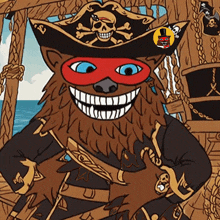 a cartoon drawing of a pirate with a red mask