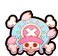 a cartoon drawing of a skull and crossbones with a pink hat