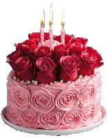 a pink cake with red roses and three candles on top