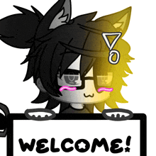 a drawing of a cat holding a welcome sign