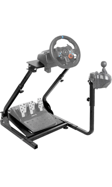 a steering wheel sitting on top of a stand with a shifter