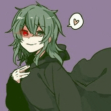 a drawing of a girl with green hair and red eyes wearing a black cloak .