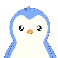 a blue and white penguin with a red heart on its neck