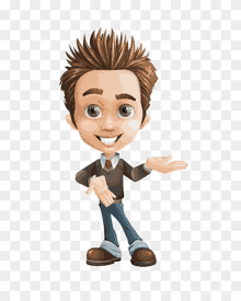 a cartoon character with brown hair and green eyes is smiling and holding out his hand