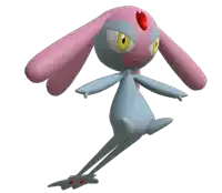 a blue and pink cartoon character with yellow eyes and a red jewel on its head