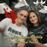 a man and woman posing for a picture with the words amazing access family cap mike and peaches on the bottom