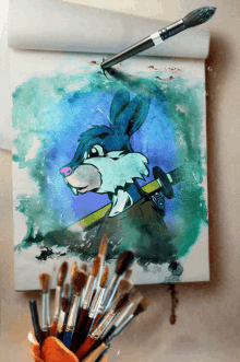 a drawing of a rabbit with a sword and brushes