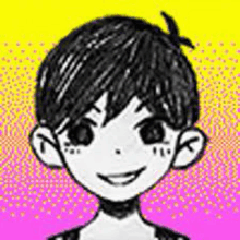 a black and white drawing of a boy with short hair and a smile on a pink and yellow background .