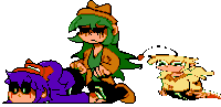 a pixel art drawing of a girl kneeling next to a purple girl .