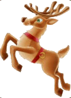 a cartoon reindeer is jumping in the air with a red sash around its neck