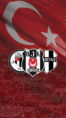 a logo for bjk 1903 sits in front of a flag