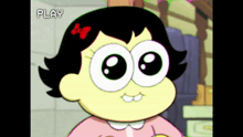 a cartoon girl with big eyes and a bow in her hair is being played on a video