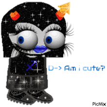a cartoon character with big eyes and blue lips says d- > am i cute?