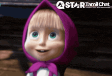 a cartoon character with a purple scarf around her head and a star tamil chat logo behind her