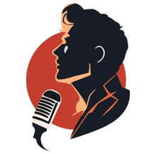 a man is singing into a microphone with a red circle in the background