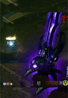 a screenshot of a video game shows a purple glowing object