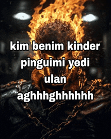 a picture of a ghost rider with the words kim benim kinder pinguimi yedi ulan aghhhhghhhh