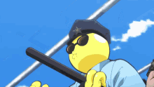 a cartoon character wearing a police hat and sunglasses holds a bat