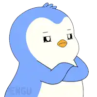 a blue and white penguin with the word pengu on the bottom left