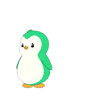a green and white penguin is laying on its back with its eyes closed .