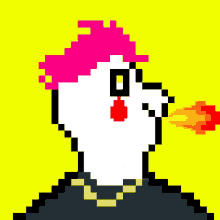 a pixel art of a chicken with a pink hat and a red nose