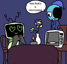 vee that 's a microwave is written in a speech bubble above two cartoon characters