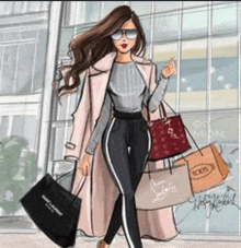 a drawing of a woman walking down a street carrying shopping bags .