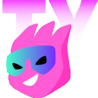 a pink cartoon character wearing sunglasses and the letter t and y behind it