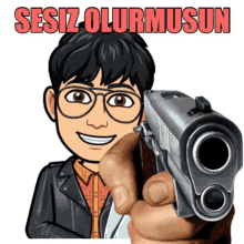 a cartoon of a man pointing a gun with the words sesiz olurmusun written above him