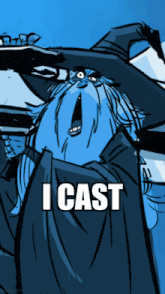 a cartoon of a wizard with the words i cast on the bottom