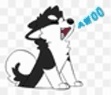 a black and white cartoon husky dog is sitting down with its mouth open and yawning .