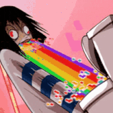 a cartoon character with a rainbow in her mouth
